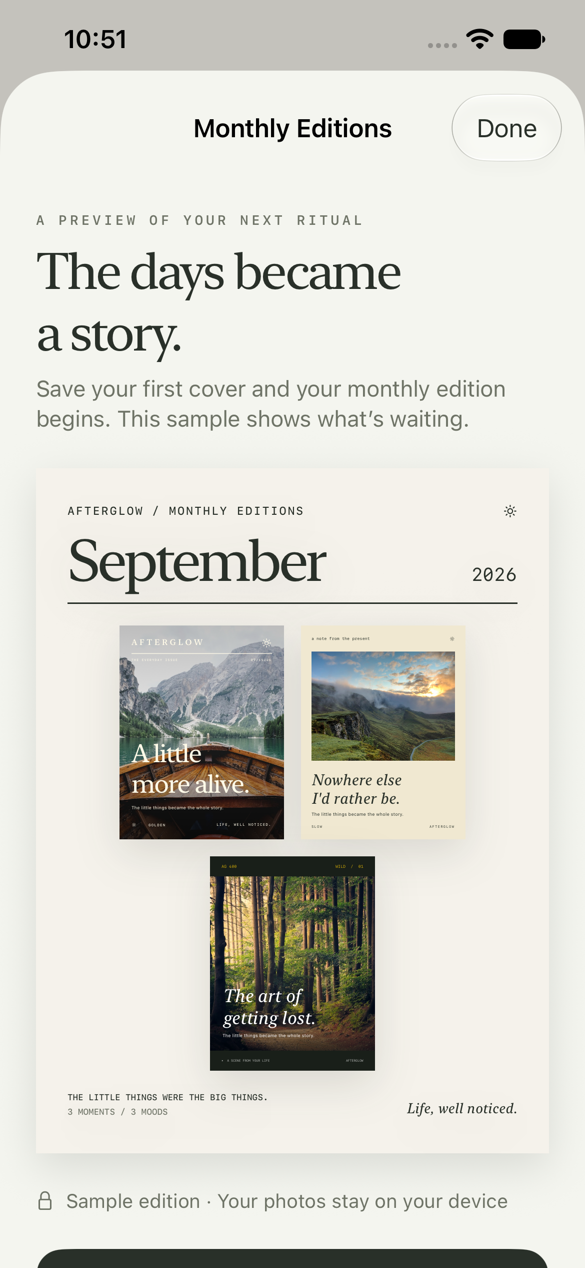 A sample Monthly Edition in Afterglow 1.1.0, featuring three illustrated photo covers for September