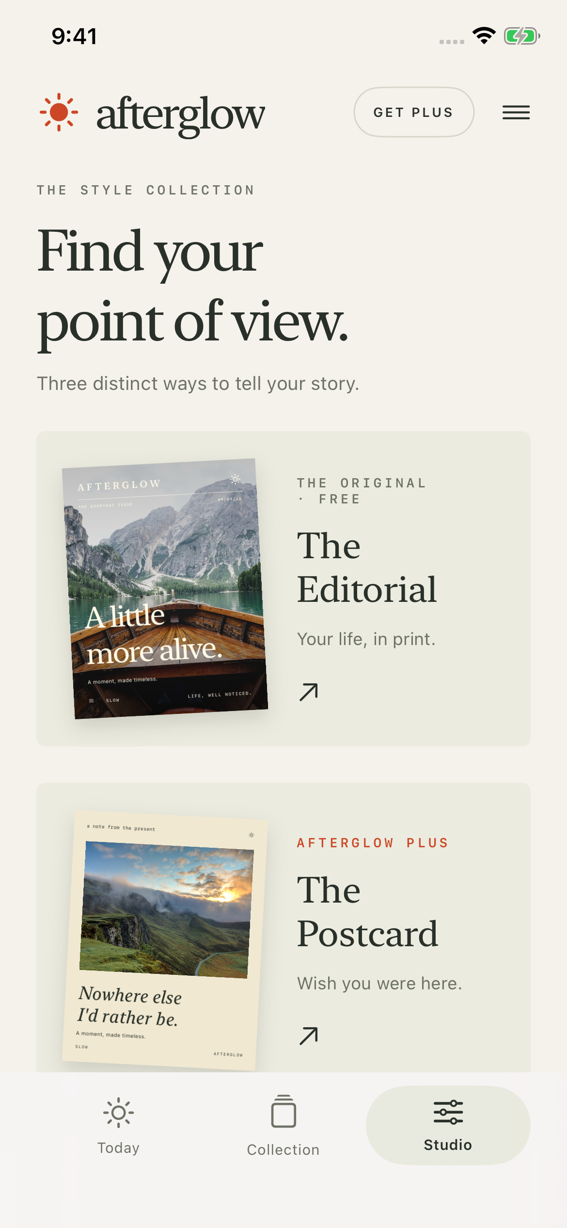 The Afterglow Studio screen showing Editorial and Postcard cover styles