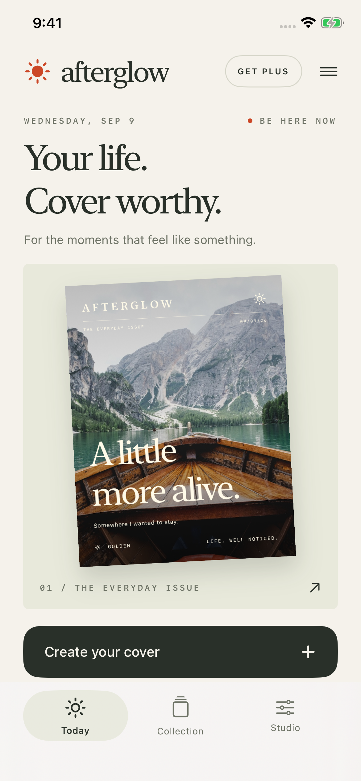 Afterglow’s Today screen, with a lake photograph made into an editorial cover